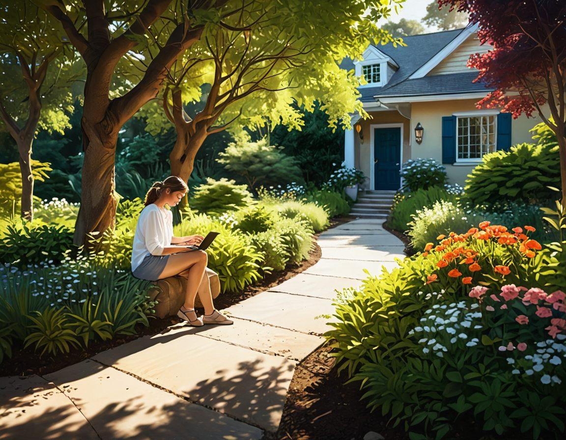 A serene landscape depicting a peaceful garden with a winding path symbolizing the journey to contentment. In the foreground, a confident individual reviewing safety strategies on a digital device, surrounded by elements representing fraud prevention like secured locks and shields. Soft sunlight filtering through trees, conveying warmth and optimism. This scene embodies tranquility and empowerment. vibrant colors. digital painting.