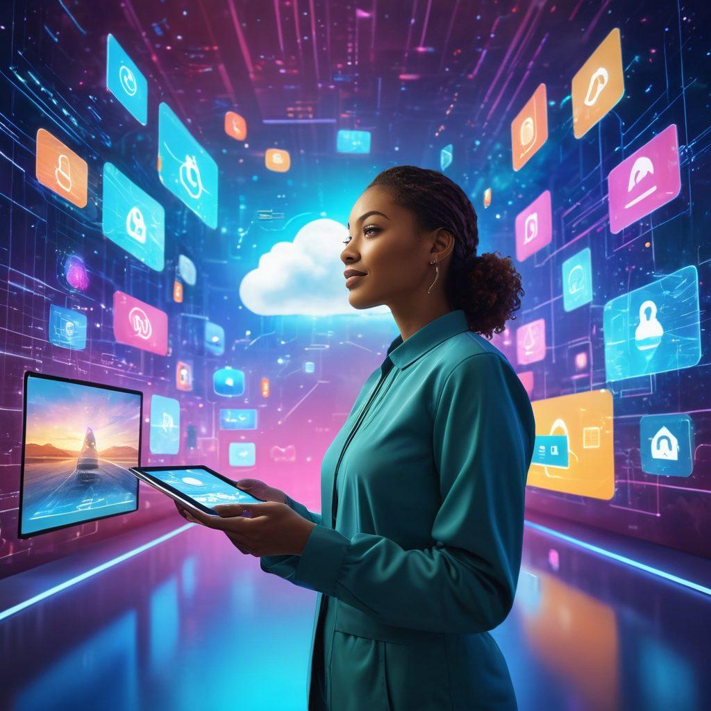 A serene digital landscape illustrating a person joyfully interacting with various identity management tools on floating holographic screens. Surrounding the character are symbols of security like locks, shields, and clouds, reflecting safety and happiness in a connected world. Bright, uplifting colors create a sense of optimism, with a smooth blend of technology and emotion. futuristic style. vibrant colors. 3D.